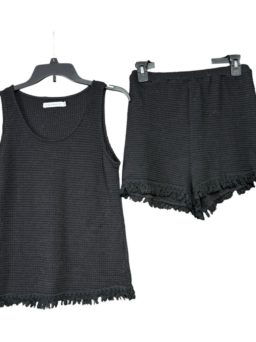Miss Sparkling size medium Black Knit Tank with Fringed Hem & Matching Shorts